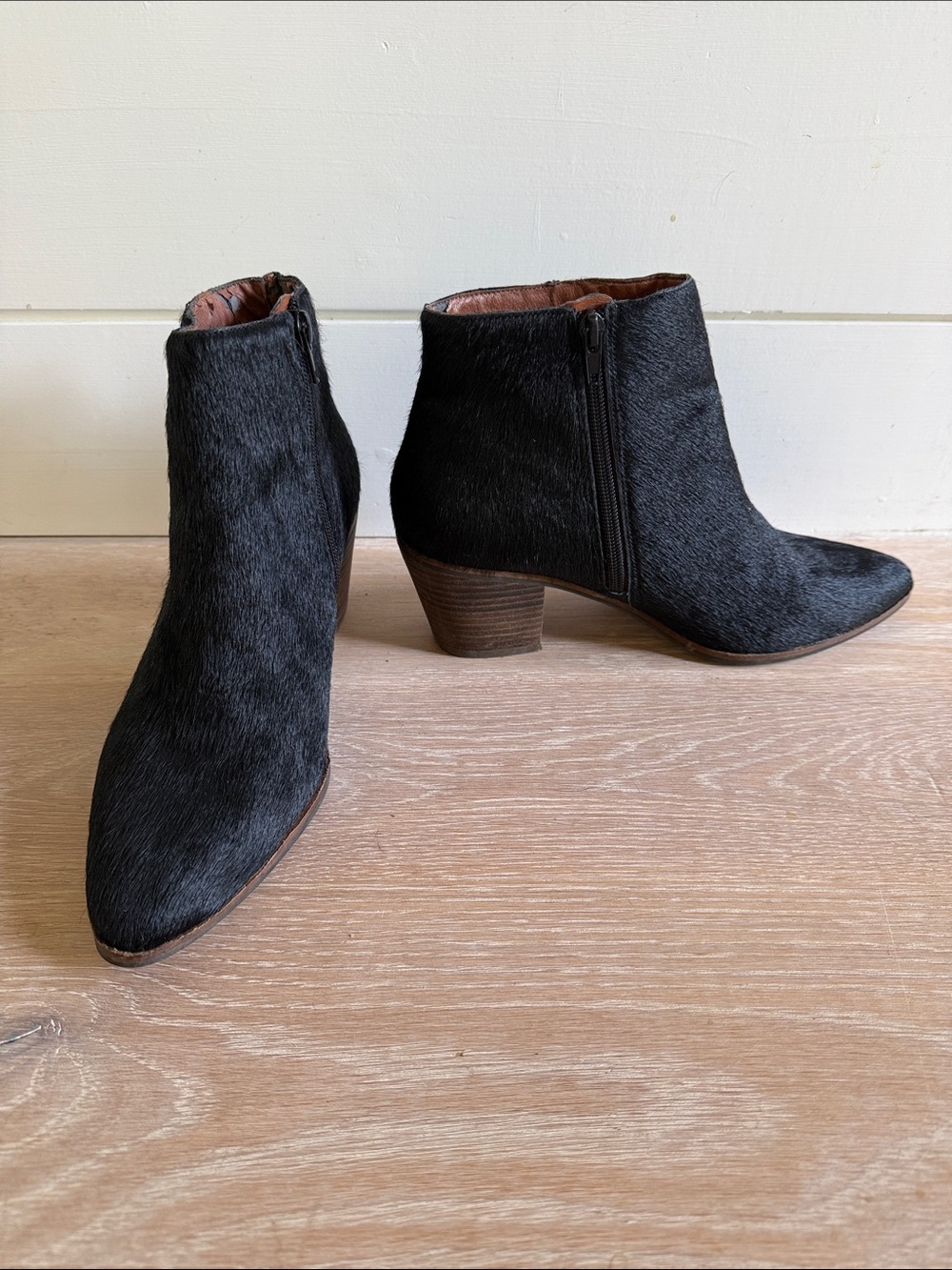 Lucky Brand Black Faux-Hair Ankle Booties with Stacked Heel